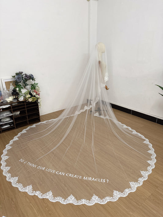 Cathedral Length Embroidered Words Veil With French Lace