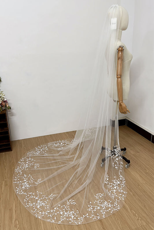 Bridal White One Layer Chapel Veil with Vine Lace Ribbon Hair Comb (250*240cm)