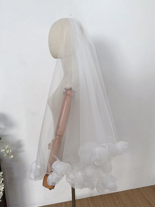 Bridal Tulle Rose Flower Fingertip Length Double-Layer Veil (80+110cm Width: 200cm)