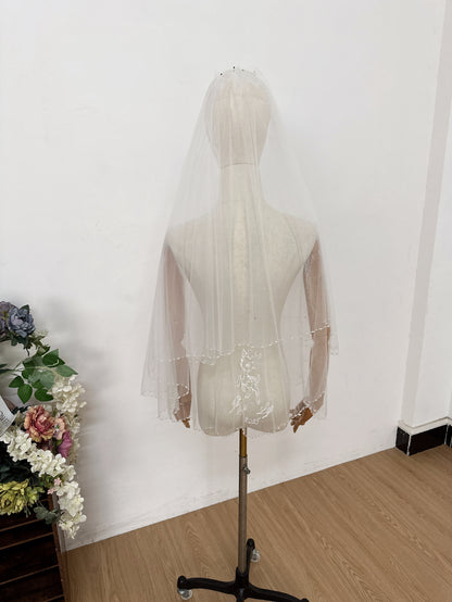 Two layers fingertip Length Veil Bead Edge with comb And Embroidery sika deer / name /date E022