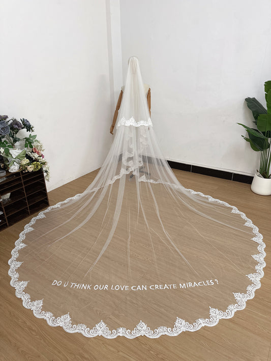 Cathedral Length Embroidered Words Veil With French Lace