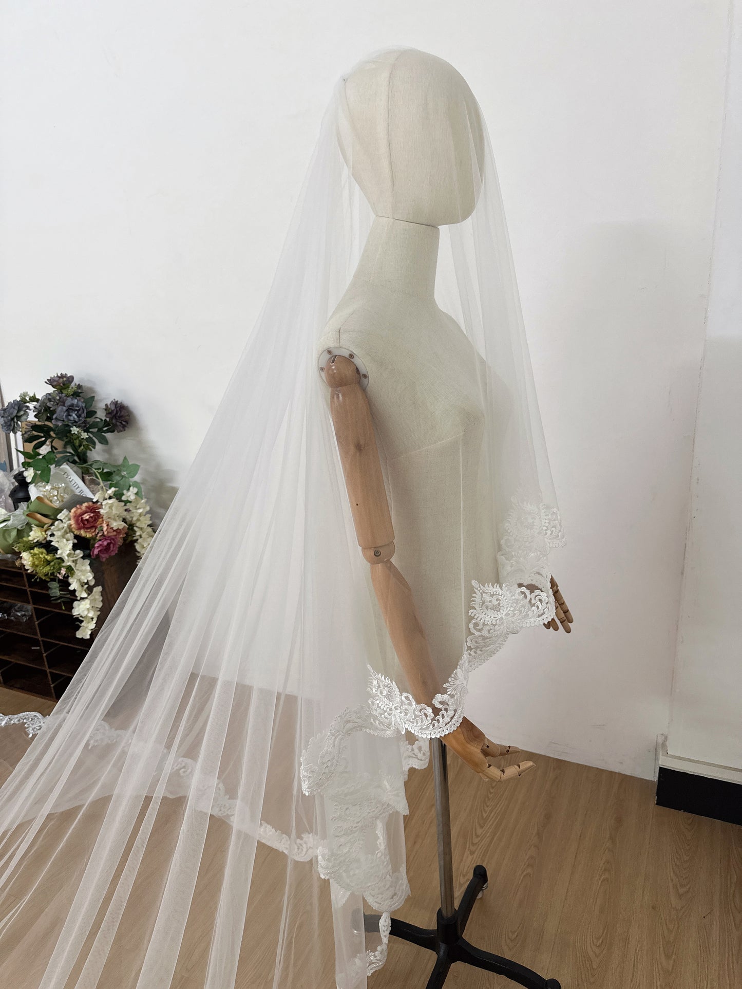 Cathedral Length Embroidered Words Veil With French Lace