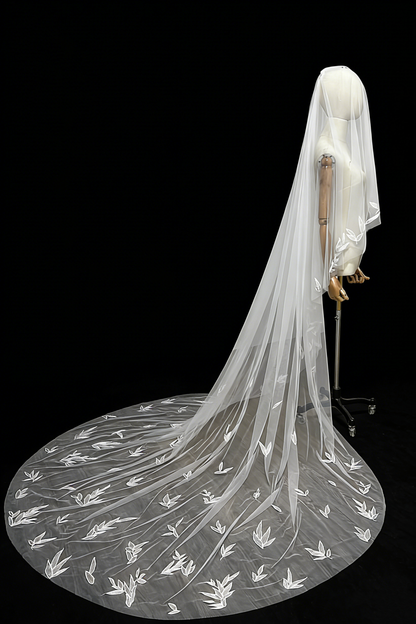 Bamboo Leaf Lace Long Floor-Length Bridal Veil