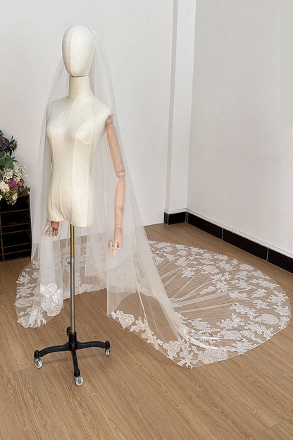Luxury French Lace Cathedral Wedding Veil Long Train Bridal Veil Vintage Forest Dream