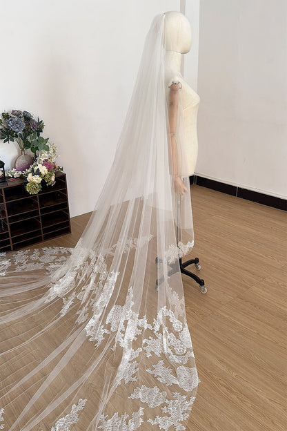 Luxury French Lace Cathedral Wedding Veil Long Train Bridal Veil Vintage Forest Dream