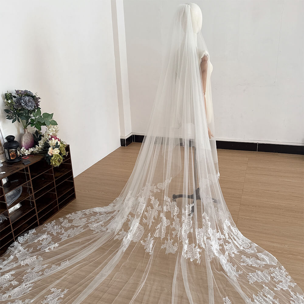 Luxury French Lace Cathedral Wedding Veil Long Train Bridal Veil Vintage Forest Dream