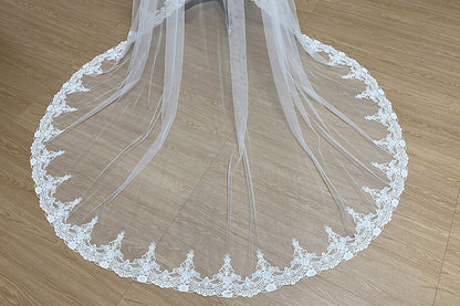 Bridal Vintage Lace Two Layer Face-Covering Veil with Metal Comb and Short Trailing Tail