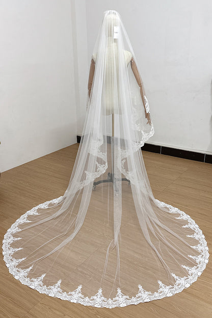 Bridal Vintage Lace Two Layer Face-Covering Veil with Metal Comb and Short Trailing Tail