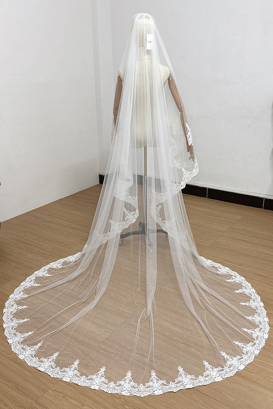 Bridal Vintage Lace Two Layer Face-Covering Veil with Metal Comb and Short Trailing Tail