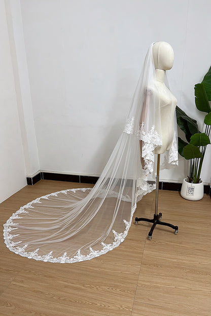 Bridal Vintage Lace Two Layer Face-Covering Veil with Metal Comb and Short Trailing Tail
