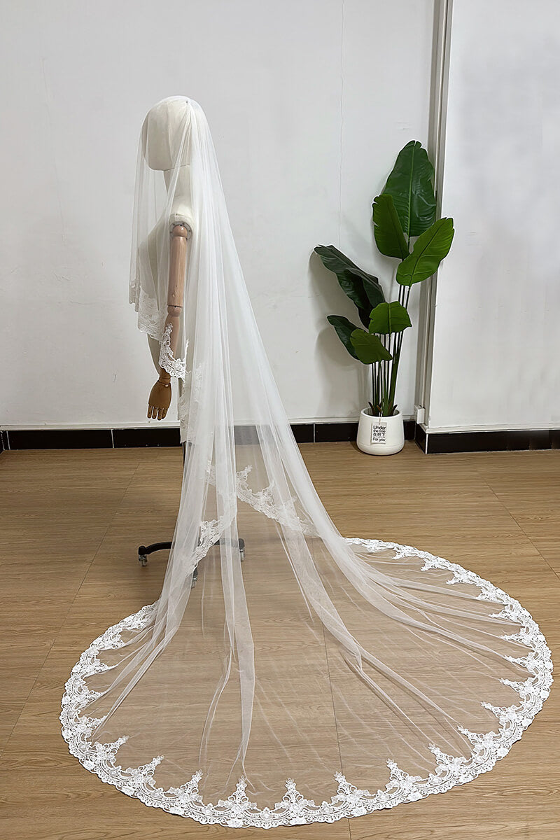 Bridal Vintage Lace Two Layer Face-Covering Veil with Metal Comb and Short Trailing Tail