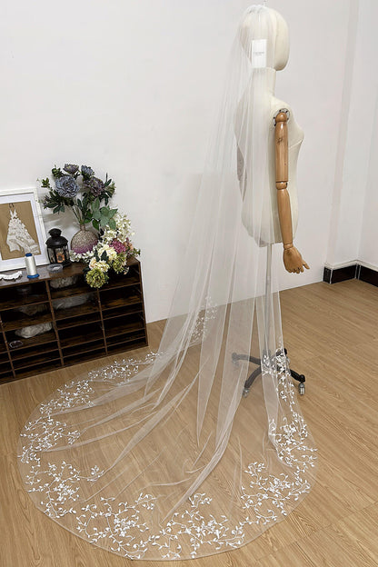 Bridal White One Layer Chapel Veil with Vine Lace Ribbon Hair Comb (250*240cm)