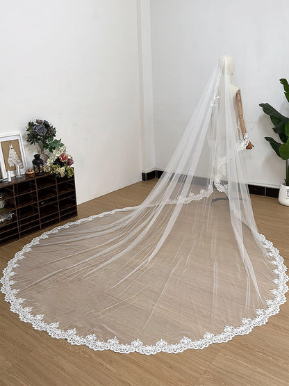 Bridal Chapel-Style Floor-Length Veil with 2 Layers Customizable with Embroidered Text/Names/Dates  80+350cm  Width: 3 meters