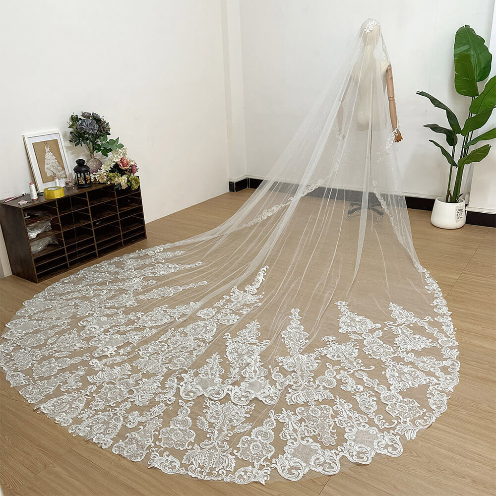Silver Ultra-Shimmer Heavy-Duty Luxury Lace Bridal Veil Main Wedding Dress Ceremony Train Single-Layer Chapel Veil