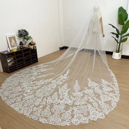 Silver Ultra-Shimmer Heavy-Duty Luxury Lace Bridal Veil Main Wedding Dress Ceremony Train Single-Layer Chapel Veil