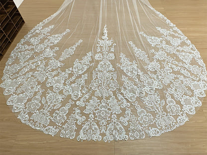 Silver Ultra-Shimmer Heavy-Duty Luxury Lace Bridal Veil Main Wedding Dress Ceremony Train Single-Layer Chapel Veil