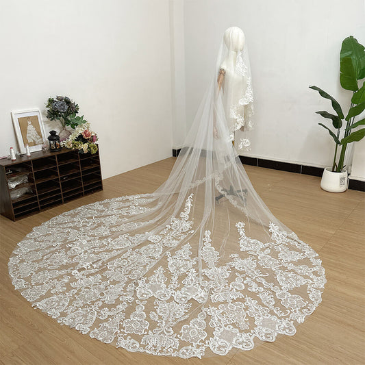 Silver Ultra-Shimmer Heavy-Duty Luxury Lace Bridal Veil Main Wedding Dress Ceremony Train Single-Layer Chapel Veil