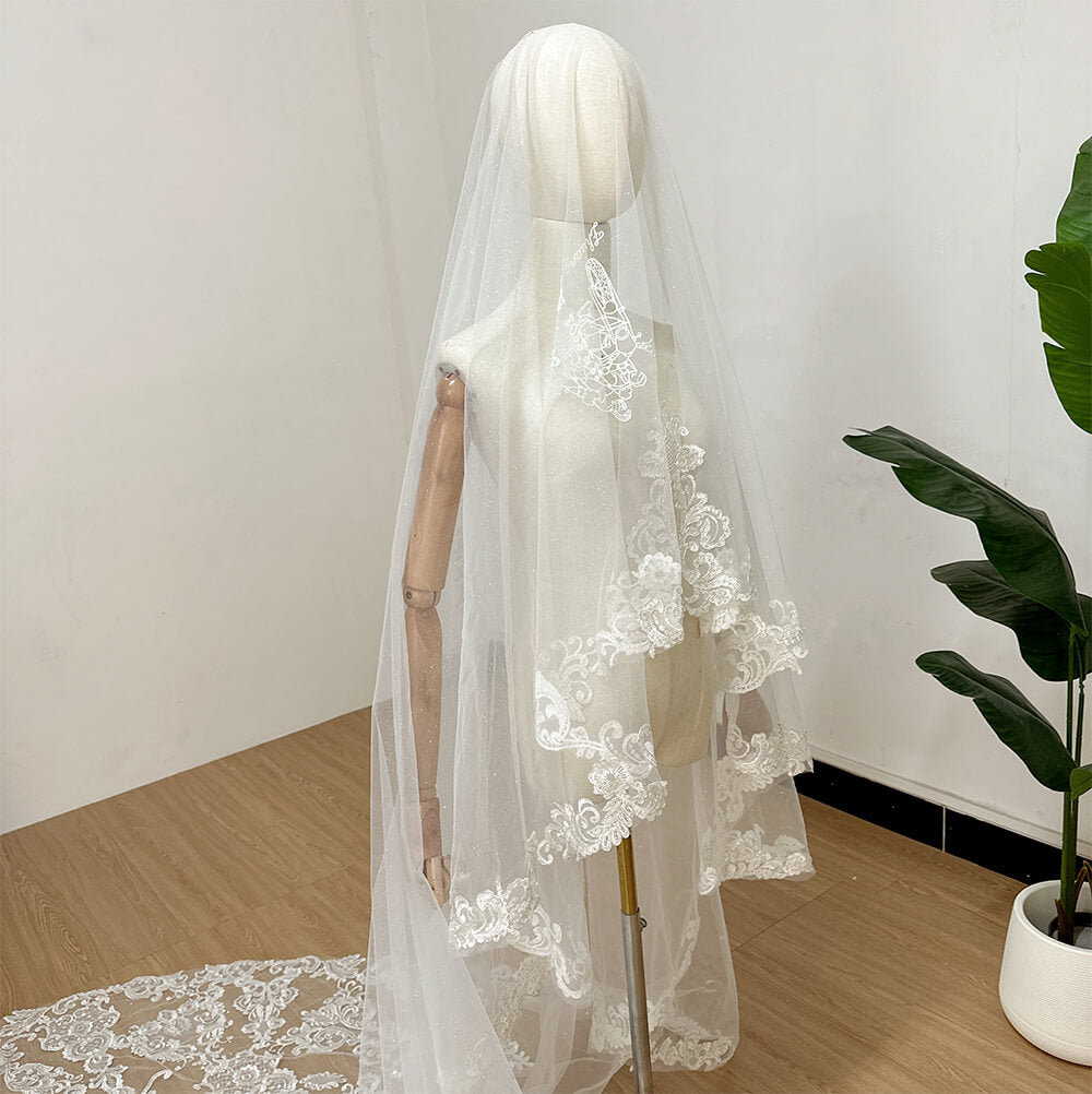 Silver Ultra-Shimmer Heavy-Duty Luxury Lace Bridal Veil Main Wedding Dress Ceremony Train Single-Layer Chapel Veil