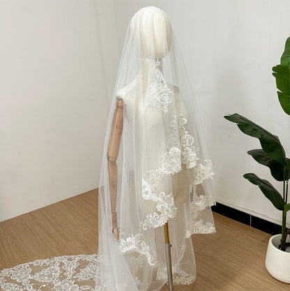 Silver Ultra-Shimmer Heavy-Duty Luxury Lace Bridal Veil Main Wedding Dress Ceremony Train Single-Layer Chapel Veil