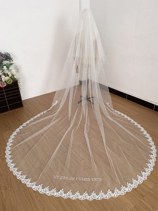 Bridal Double-Layer Lace-Edged Embroidered Words Church Veil  (80+300cm)