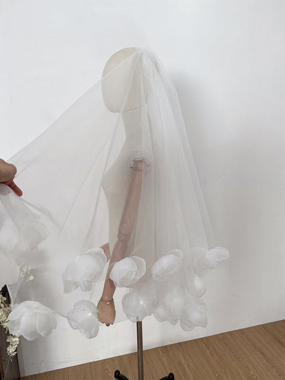 Bridal Tulle Rose Flower Fingertip Length Double-Layer Veil  （80+110cm Width: 200cm）