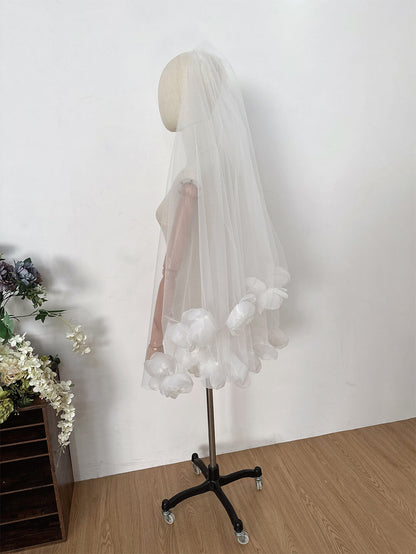 Bridal Tulle Rose Flower Fingertip Length Double-Layer Veil  （80+110cm Width: 200cm）